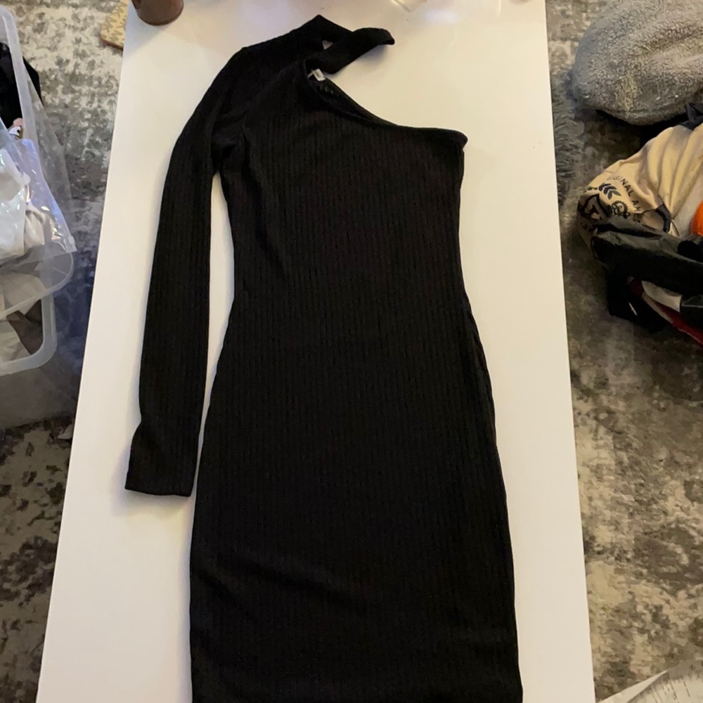 Black Ribbed 1 Shoulder Dress